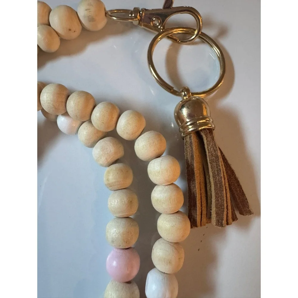Natural Wood Beaded Lanyard Keychain with Colorful Accents and‎ Tassel Gold Tone